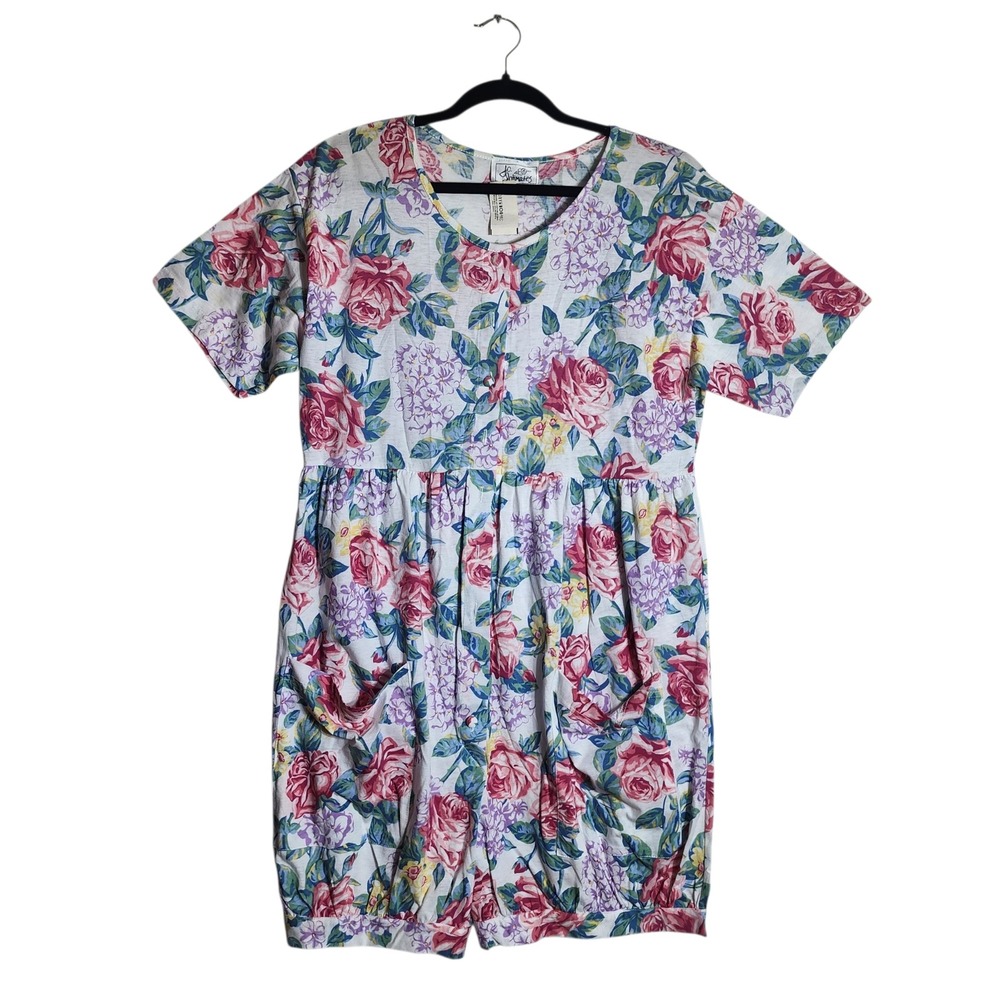 Vintage J.O. Intimates Floral Cotton Romper Pink Rose Purple Medium Cottagecore